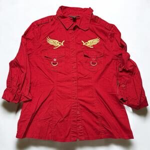 Rocawear Women’s Red Button Up Shirt XL Gold Embroidered Wings Utility Style